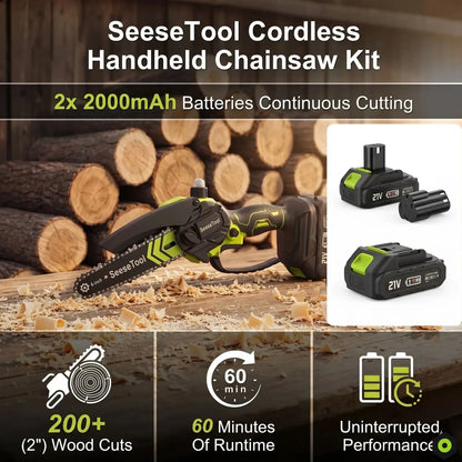 Cordless Mini Chainsaw – 6-Inch, Brushless Motor, Full Battery Bundle Seese Tool